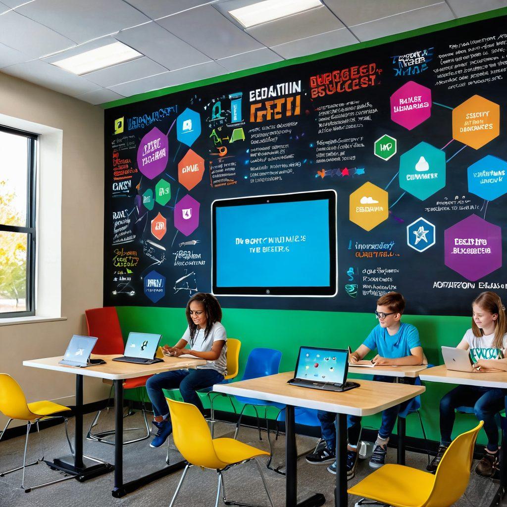 A futuristic classroom showcasing diverse students engaged with innovative EdTech tools, such as tablets and virtual reality headsets, collaborating on projects. Bright colors and dynamic learning environments emphasize creativity and technology integration. Inspirational wall art featuring quotes about education and success. super-realistic. vibrant colors. 3D.