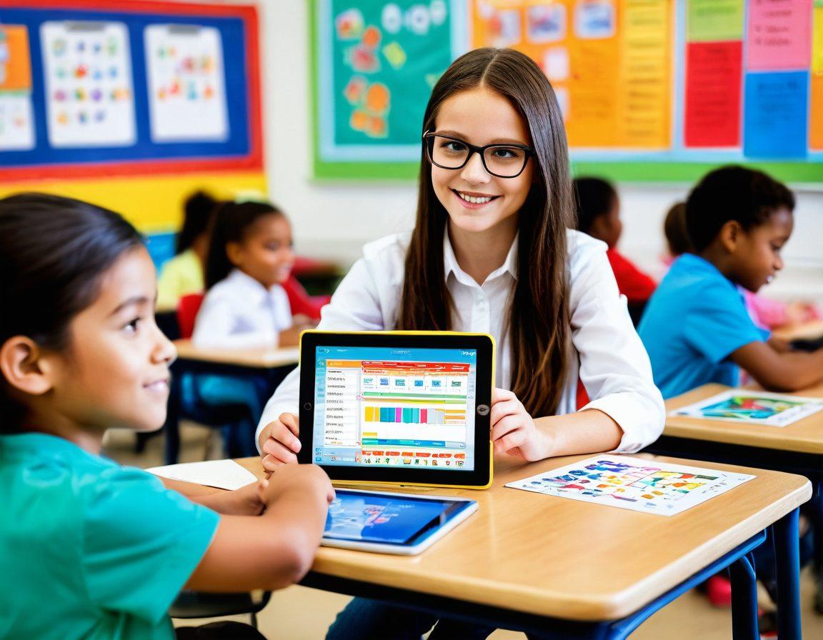 A vibrant classroom scene showcasing diverse children actively using interactive tools like tablets and learning games. Incorporate playful educational elements such as colorful charts and playful robots among the desks. Highlight a teacher guiding the children with an enthusiastic expression. Use bright, engaging colors to convey a sense of joy and creativity. super-realistic. vibrant colors. dynamic composition.