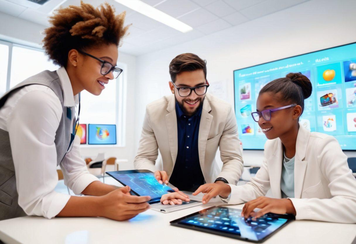 A diverse group of enthusiastic students engaging with various innovative educational tools in a bright, modern classroom. Include holographic displays of educational resources, vibrant digital books, and interactive learning materials. Show a mentor guiding them with a warm expression, surrounded by elements representing technology and creativity. Emphasize an atmosphere of collaboration and exploration. super-realistic. vibrant colors. white background.